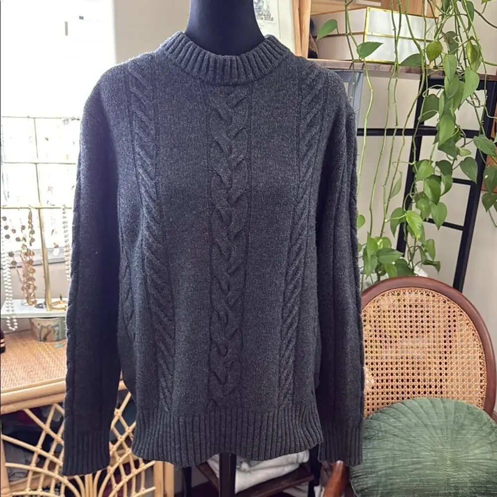 Banana Republic Men’s Charcoal Italian Wool Blend Fisherman Cable Knit Sweater